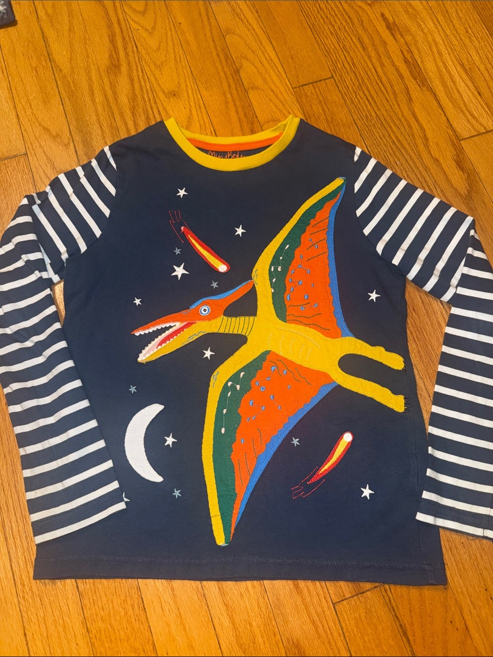 Mini Boden Navy Long-Sleeve Top with Colorful Pterosaur Graphic